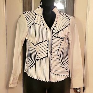 Obstinee Geometric blazer Jacket white and navy blue Sz 10 Euc stretchy